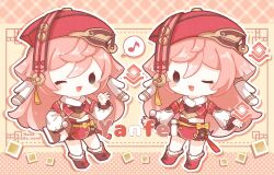 Rule 34 | 1girl, :3, antlers, artist name, blush, book, boots, character name, chibi, detached sleeves, genshin impact, hat, highres, holding, holding book, horns, long hair, multiple views, musical note, nada namie, ok sign, one eye closed, open mouth, pink hair, red headwear, spoken musical note, tassel, twitter username, yanfei (genshin impact)