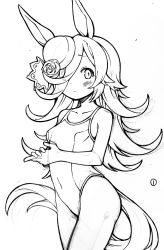 Rule 34 | 1girl, animal ears, armpits, breasts, commentary request, competition school swimsuit, cowboy shot, enoki art, flower, greyscale, hair over one eye, hat, hat flower, highres, horse ears, horse girl, horse tail, lineart, long hair, monochrome, rice shower (umamusume), school swimsuit, simple background, small breasts, solo, swimsuit, tail, thigh gap, tilted headwear, umamusume, white background