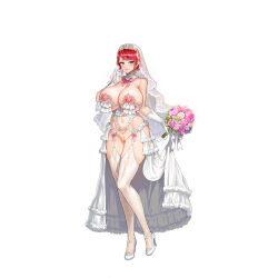 Rule 34 | 1girl, blush, bouquet, breasts, bridal veil, bride, cleft of venus, covered navel, detached collar, dress, feet, female focus, flower, full body, garter straps, gloves, groin, hand up, high heels, holding, holding bouquet, hongryeon (last origin), huge breasts, last origin, legs, legs together, looking at viewer, mole, mole under eye, navel, nippleless clothes, nipples, no panties, parted lips, purple eyes, pussy, red hair, revealing clothes, simple background, smile, solo, tachi-e, taesi, thighhighs, thighs, third-party edit, uncensored, veil, wedding dress, white background