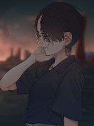 Rule 34 | 1girl, absurdres, bad id, bad pixiv id, black hair, black shirt, blurry, blurry background, closed eyes, collared shirt, dusk, ear piercing, earrings, glasses, hand on own face, hand up, highres, hoop earrings, jewelry, mole, mole under mouth, necklace, original, piercing, profile, ring, ring necklace, saitou (lynx-shrike), shirt, short hair, short sleeves, solo
