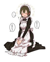 Rule 34 | 1girl, alternate costume, apron, black dress, blush, breasts, brown hair, closed eyes, commentary request, dress, enmaided, fang, flying sweatdrops, fujisaki (si da), hiryuu (kancolle), kantai collection, long sleeves, maid, maid headdress, open mouth, short hair, simple background, sitting, solo, speech bubble, sweat, translated, white apron, white background