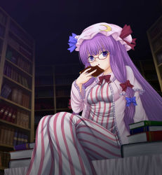 Rule 34 | 1girl, bespectacled, book, crescent, female focus, glasses, hat, hero rice, highres, library, long hair, patchouli knowledge, purple eyes, purple hair, solo, striped, touhou, very long hair, voile
