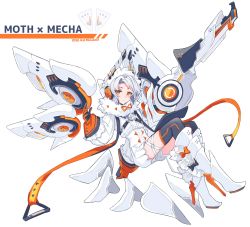 Rule 34 | 1girl, absurdres, boots, chest strap, dated, flat chest, floating, gloves, gun, high heel boots, high heels, highres, holding, holding gun, holding weapon, hood, looking at viewer, macchoko, mecha musume, mechanical wings, open hand, orange eyes, orange gloves, original, science fiction, short hair, solo, thighhighs, weapon, white hair, wings