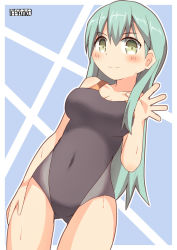 Rule 34 | 10s, 1girl, aqua eyes, aqua hair, blush, breasts, cleavage, competition swimsuit, covered navel, hair ornament, hairclip, highres, kantai collection, long hair, looking at viewer, medium breasts, one-piece swimsuit, pepatiku, smile, solo, suzuya (kancolle), swimsuit, twitter username, wet, wet clothes, wet swimsuit