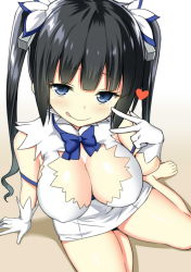 Rule 34 | 10s, 1girl, barefoot, black hair, blue eyes, breasts, cleavage, cleavage cutout, clothing cutout, dress, dungeon ni deai wo motomeru no wa machigatteiru darou ka, female focus, from above, gloves, hestia (danmachi), highres, large breasts, long hair, rei no himo, sitting, sky-freedom, smile, solo, twintails, white dress