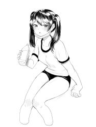 Rule 34 | 1girl, absurdres, arm support, blush, bottle, breasts, collarbone, cropped legs, goback, greyscale, gym shirt, gym uniform, hair between eyes, hair bobbles, hair ornament, highres, holding, holding bottle, long hair, looking at viewer, mask, mask pull, monochrome, mouth mask, original, parted lips, shirt, short shorts, short sleeves, shorts, sitting, small breasts, solo, surgical mask, twintails