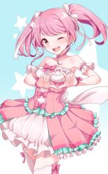Rule 34 | 1girl, ;d, arm garter, bang dream!, bare shoulders, blue background, bow, cowboy shot, dress, frills, gradient background, hair bow, hair ribbon, heart, heart hands, highres, konnyaku (kk-monmon), looking at viewer, maruyama aya, one eye closed, open mouth, pink bow, pink dress, pink eyes, pink hair, ribbon, sidelocks, smile, solo, star (symbol), starry background, teeth, thighhighs, twintails, white bow, white ribbon, white thighhighs