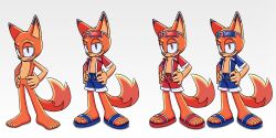 Rule 34 | 1boy, absurdres, animal ears, blue footwear, blue shirt, blue shorts, character sheet, collared shirt, commentary, english commentary, eyewear on head, flip-flops, fox boy, fox ears, fox tail, furry, gradient background, hands on own hips, hazco fox, highres, male swimwear, orange eyes, red footwear, red shirt, red shorts, sandals, second-party source, shirt, shorts, simple background, sunglasses, swim trunks, tail, thasa, vip virtual players, virtual youtuber, white-framed eyewear