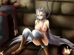 Rule 34 | blood, breasts, harpy, looking at viewer, monster girl, prisoner, silver hair, slave, source request, topless, yellow eyes