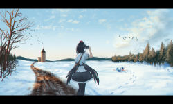 Rule 34 | 2girls, barefoot, bird, black hair, black legwear, black skirt, black wings, blue bow, blue dress, blue hair, bow, building, camera, cirno, commentary request, day, dress, footprints, forest, from side, hair bow, hat, highres, holding, holding camera, landscape, letterboxed, lying, multiple girls, nature, pantyhose, pom pom (clothes), puffy short sleeves, puffy sleeves, roke (taikodon), scenery, shameimaru aya, shirt, short hair, short sleeves, skirt, sky, snow, tokin hat, touhou, white shirt, wings