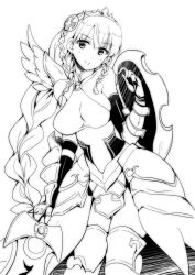 Rule 34 | 1girl, armor, armored dress, bare shoulders, braid, breasts, collarbone, dress, earrings, feathered wings, greyscale, hair ornament, halterneck, highres, holding, holding sword, holding weapon, jewelry, kazuchi, large breasts, light valkyrie (p&amp;d), lineart, long hair, monochrome, puzzle &amp; dragons, shield, simple background, single braid, smile, solo, sword, taut clothes, taut dress, thighhighs, tiara, twin braids, valkyrie, valkyrie (p&amp;d), very long hair, weapon, white background, wings