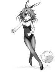 Rule 34 | 1girl, :o, ahoge, animal ears, ball, bare shoulders, blush, bow, bowtie, breasts, cleavage, covered navel, detached collar, fake animal ears, full body, gluteal fold, greyscale, hair between eyes, high heels, idolmaster, idolmaster cinderella girls, isshitaira, kicking, leotard, monochrome, open mouth, pantyhose, playboy bunny, rabbit ears, rabbit girl, simple background, small breasts, soccer, soccer ball, solo, strapless, strapless leotard, thigh gap, white background, wrist cuffs, yuuki haru