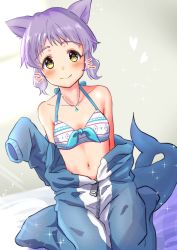 Rule 34 | animal costume, animal ears, blush, breasts, cat ears, cat girl, collarbone, commentary request, fins, fish tail, hakubaru, heart, idolmaster, idolmaster million live!, jewelry, long sleeves, looking at viewer, makabe mizuki, midriff, navel, necklace, on bed, open clothes, purple hair, ribbed swimsuit, shark costume, shark tail, short hair, sidelocks, simple background, sitting, small breasts, smile, solo, sparks, swimsuit, swimsuit under clothes, tail, wariza, wavy hair, yellow eyes, zipper