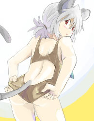 Rule 34 | 1girl, adjusting clothes, adjusting swimsuit, animal ears, competition swimsuit, female focus, grey hair, looking back, mouse ears, mouse tail, nazrin, one-piece swimsuit, red eyes, sape (saperon black), short hair, solo, swimsuit, tail, touhou