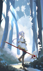 Rule 34 | 1girl, absurdres, blue eyes, boots, commentary request, dappled sunlight, elf, flower, forest, frieren, gold trim, grey hair, head tilt, highres, holding, holding staff, layered sleeves, leggings, light particles, looking at viewer, looking back, nature, pointy ears, shirt, sidelocks, skirt, solo, sousou no frieren, staff, striped clothes, striped shirt, sunlight, tree, tree shade, twintails, walking, zuomunan