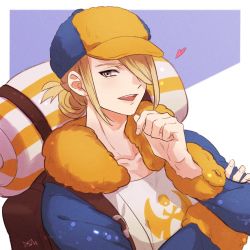 Rule 34 | 1boy, backpack, bag, baseball cap, blonde hair, blue jacket, border, brown bag, collarbone, commentary request, creatures (company), fur-trimmed jacket, fur trim, game freak, hair over one eye, hand up, hat, heart, inasa, jacket, male focus, nintendo, open mouth, pokemon, pokemon legends: arceus, short hair, signature, smile, solo, teeth, tongue, upper body, upper teeth only, volo (pokemon), white border