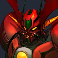 Rule 34 | close-up, getter arc, getter robo, getter robo arc, grey background, horns, ksenolog, looking ahead, mecha, no humans, robot, science fiction, solo, super robot, yellow eyes