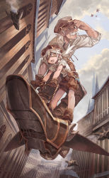 Rule 34 | 1boy, 1girl, 2others, aircraft, bad id, bad pixiv id, brown eyes, brown footwear, brown gloves, brown headwear, brown theme, building, closed mouth, cloud, cloudy sky, facial hair, flying, gloves, goggles, hat, highres, long hair, multiple others, mustache, old, old man, open mouth, original, outdoors, shichigatsu, sky, smile, steampunk, veins, vial, white hair, yellow eyes