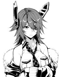 Rule 34 | 1girl, breast pocket, checkered clothes, checkered necktie, checkered neckwear, collared shirt, eyepatch, fur-trimmed jacket, fur trim, gloves, greyscale, ifuji shinsen, jacket, kantai collection, long sleeves, looking at viewer, monochrome, necktie, parted lips, partially fingerless gloves, pocket, shirt, short hair, sketch, sleeveless, solo, tenryuu (kancolle), upper body