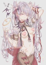 Rule 34 | 1girl, animal ears, bat ears, belt necktie, blush, bow, breasts, cameltoe, chess piece, choker, covered erect nipples, crop top, embarrassed, head wings, heart, heart maebari, heart tattoo, holding, holding own hair, hxxg, long hair, maebari, meme attire, navel, necktie, original, pantyhose, pawn (chess), purple eyes, purple hair, reverse bunnysuit, reverse outfit, ribbon, ribbon choker, skinny, solo, tattoo, twintails, wings