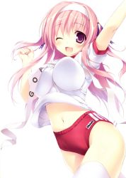 Rule 34 | 1girl, ;d, absurdres, arm up, breasts, brown hair, buruma, clenched hand, clothes lift, copyright request, cover, finish line, gym uniform, hairband, highres, karory, large breasts, navel, one eye closed, open mouth, otona no moeoh, pink hair, purple eyes, sash, shirt lift, smile, solo, thighhighs, white thighhighs, wink