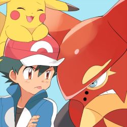Rule 34 | 1boy, :3, angry, ash ketchum, bad id, bad pixiv id, baseball cap, black shirt, blue background, blue eyes, blue jacket, brown eyes, clenched teeth, commentary request, creatures (company), eye contact, closed eyes, game freak, gen 1 pokemon, gen 6 pokemon, glaring, hat, jacket, legendary pokemon, looking at another, male focus, mei (maysroom), mythical pokemon, nintendo, on head, pikachu, pokemon, pokemon (anime), pokemon (creature), pokemon the movie: volcanion and the mechanical marvel, pokemon on head, pokemon xy (anime), red headwear, shirt, simple background, teeth, tongue, tongue out, upper body, volcanion