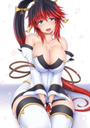 Rule 34 | 1girl, bare shoulders, black hair, blue eyes, breasts squeezed together, breasts, cherry blossoms, cleavage, curvy, high ponytail, highres, large breasts, long hair, looking at viewer, nanbu kaguya, open mouth, ponponmaru, red hair, smile, solo, super robot wars, super robot wars original generation, thick thighs, thighs, white legwear, wide hips
