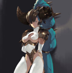 Rule 34 | 1girl, aqua eyes, aqua hair, arm behind back, armor, armored leotard, blue hair, boots, breast curtains, breasts, broken horn, covered erect nipples, cowboy shot, detached sleeves, fake horns, gold armor, hair ornament, helmet, high collar, high ponytail, highleg, highleg leotard, highres, holding own arm, horned helmet, horns, leotard, light blue hair, long hair, looking at viewer, medium breasts, original, pauldrons, shoulder armor, simple background, solo, standing, superboltkbh, thigh boots, underbust, very long hair, white leotard, white sleeves, wide ponytail