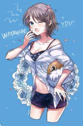 Rule 34 | 10s, 1girl, blue eyes, breasts, cleavage, female focus, flower, grey hair, hyugo, love live!, love live! school idol festival, love live! sunshine!!, open mouth, short hair, shorts, sleepy, solo, standing, watanabe you, wink, yawning