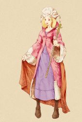 Rule 34 | 1girl, blonde hair, boots, breasts, brown eyes, final fantasy, final fantasy tactics, full body, hat, highres, medium hair, open mouth, orator (fft), parody, robe, shinichi kobe, simple background, smile, solo, staff, style parody, weapon