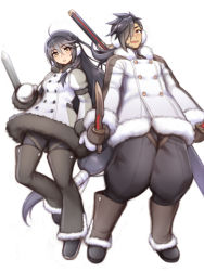 Rule 34 | 1boy, 1girl, bad id, bad pixiv id, black footwear, black gloves, black hair, black pants, black pantyhose, boots, braid, coat, dagger, earmuffs, folks (nabokof), full body, gloves, highres, knee boots, knife, long hair, looking at viewer, mittens, official alternate costume, pants, pantyhose, rokurou rangetsu, tales of (series), tales of berseria, thigh boots, thighhighs, velvet crowe, weapon, white background, white coat, white gloves, yellow eyes