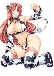 Rule 34 | 1girl, animal ears, animal print, bad id, bad pixiv id, bell, blue eyes, blush, bow, braid, breasts, cleavage, collar, cow ears, cow girl, cow horns, cow print, cow tail, cowbell, derivative work, detached sleeves, female focus, hair bow, highres, hong meiling, horns, kinntarou, large breasts, long hair, looking at viewer, navel, neck bell, simple background, solo, tail, thighhighs, touhou, twin braids, white background