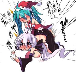 Rule 34 | 2girls, ahoge, all fours, aqua hair, back, belt, blue hair, blush, breasts, clothed sex, cum, cum in pussy, detached sleeves, doggystyle, earmuffs, ejaculation, futa with female, futanari, hat, hatsune miku, impregnation, lactation, long hair, medium breasts, multiple girls, necktie, nipples, niwakaame (amayadori), pillow, pillow grab, pink hair, ponytail, red eyes, saliva, santa costume, santa hat, sex, sex from behind, shoes, silver hair, simple background, text focus, top-down bottom-up, translated, triangle mouth, twintails, very long hair, vocaloid, white background, yowane haku