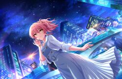 Rule 34 | belt, bracelet, building, city lights, cityscape, earrings, faceless, game cg, hair ornament, idolmaster, idolmaster cinderella girls, idolmaster cinderella girls starlight stage, jewelry, jougasaki mika, necklace, official art, pink hair, side ponytail, sky, star (sky), starry sky, yellow eyes