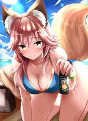 Rule 34 | 1girl, absurdres, all fours, animal ears, bikini, blue bikini, blush, breasts, cleavage, day, fate/grand order, fate (series), fox ears, fox tail, fuu (fuore), highres, large breasts, long hair, looking at viewer, lotion, nature, ocean, outdoors, pink hair, solo, sunscreen, sweat, swimsuit, tail, tamamo (fate), tamamo (fate), tamamo no mae (fate/extra), tamamo no mae (swimsuit lancer) (fate), yellow eyes