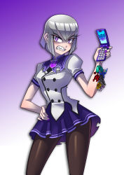 Rule 34 | 1girl, angry, badge, breasts, cellphone, cellphone charm, charm (object), clenched teeth, contrapposto, decepticon, female focus, flip phone, genderswap, genderswap (mtf), gradient background, grey hair, hand on own hip, highres, megatron, miniskirt, my little pony, my little pony: friendship is magic, nail polish, pantyhose, personification, phone, purple eyes, purple nails, purple skirt, ryuusei (mark ii), school uniform, sharp teeth, short hair, skirt, solo, standing, teeth, thighhighs, transformers, transformers prime, twilight sparkle