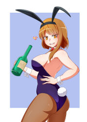 Rule 34 | 1girl, animal ears, ass, blue background, bottle, bow, bowtie, breasts, brown eyes, brown pantyhose, detached collar, fake animal ears, fake tail, female focus, from behind, hand on own waist, highres, holding, holding bottle, kyuuketsuki sugu shinu, large breasts, leotard, light brown hair, looking at viewer, looking back, maria (kyuuketsuki sugu shinu), medium hair, open mouth, pantyhose, playboy bunny, purple leotard, rabbit ears, rabbit tail, red bow, red bowtie, simple background, smile, solo, tail, teeth, viperstrawberry, white wristband, wristband