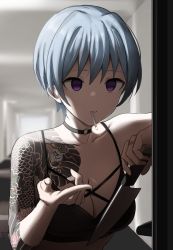 Rule 34 | 1girl, absurdres, bad id, bad twitter id, bare shoulders, beckoning, blue hair, choker, cigarette, commentary, crop top, doorway, empty eyes, english commentary, highres, holding, holding knife, indoors, jewelry, knife, original, ring, shaded face, shengtian, smoking, solo, tattoo, upper body, yakuza, yandere