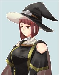 Rule 34 | 1girl, bare shoulders, breasts, brown eyes, cape, fire emblem, fire emblem awakening, glasses, grey background, hat, highres, large breasts, looking to the side, medium hair, miriel (fire emblem), nintendo, red hair, shougayaki (kabayaki 3), solo, turtleneck, upper body, witch hat