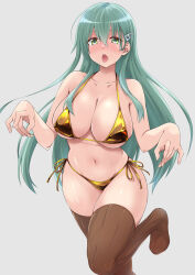 Rule 34 | 1girl, bare arms, bare shoulders, bikini, blush, breasts, brown thighhighs, cleavage, collarbone, foot out of frame, gold bikini, green eyes, green hair, hair ornament, hairclip, kantai collection, large breasts, long hair, mikagami sou, navel, open mouth, solo, suzuya (kancolle), swimsuit, thighhighs, tongue, tongue out