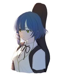 Rule 34 | 1girl, blue hair, bocchi the rock!, closed mouth, collared shirt, earphones, green eyes, highres, instrument case, layered sleeves, long sleeves, mole, mole under eye, shirt, short hair, short over long sleeves, short sleeves, simple background, solo, ssangsiot, upper body, white background, white shirt, yamada ryo