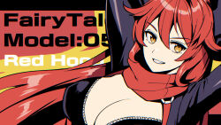 Rule 34 | 1girl, amearare, breasts, chaps, character name, cleavage, goddess of victory: nikke, grin, hair between eyes, highres, jacket, large breasts, leather, leather jacket, long hair, orange eyes, red hair, red hood (nikke), red jacket, red scarf, scarf, smile, solo, unzipped, very long hair, zipper