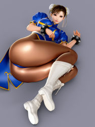 Rule 34 | 1girl, 3d, @oz, ass, boots, bracelet, breasts, brown eyes, brown hair, capcom, china dress, chinese clothes, chun-li, curvy, double bun, dress, female focus, full body, gradient background, hair bun, hair ornament, highres, huge ass, jewelry, legs, lying, on side, pantyhose, solo, spiked bracelet, spikes, street fighter, thick thighs, thighs