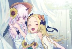 Rule 34 | 2girls, :d, ^ ^, abigail williams (fate), arm up, bad hands, bags under eyes, bare arms, bare shoulders, black bow, blonde hair, blush, bow, closed eyes, closed mouth, commentary request, curtains, day, dress, fate/grand order, fate (series), fingernails, flower, forehead, hair bow, hair flower, hair ornament, hat, horns, kutori pan&#039;ya, lavinia whateley (fate), long hair, multiple girls, off-shoulder dress, off shoulder, open mouth, orange bow, outdoors, puffy short sleeves, puffy sleeves, purple eyes, short sleeves, silver hair, single horn, sitting, sleeveless, sleeveless dress, smile, transparent, very long hair, white dress, white hat, yellow flower