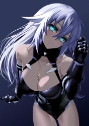 Rule 34 | 1girl, absurdres, aqua eyes, arm support, artist request, black heart (neptunia), breasts, cleavage, covered navel, gloves, highres, large breasts, legs, leotard, looking at viewer, neptune (series), nyamota, parted lips, solo, thighs, white hair