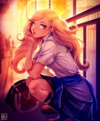 Rule 34 | 1girl, absurdres, alina l, blonde hair, blue eyes, clothes around waist, commentary, earrings, hair ornament, hairclip, highres, indoors, jewelry, legs, long hair, looking at viewer, necklace, persona, persona 5, plaid, plaid skirt, pleated skirt, school uniform, shirt, shoes, silhouette, skirt, smile, socks, solo, squatting, sunset, sweater, sweater around waist, takamaki anne, twintails, white background, white shirt