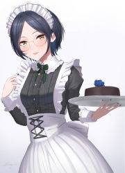 Rule 34 | 1girl, :p, alternate costume, apron, black hair, black nails, blush, bow, bowtie, fingernails, from above, glasses, green bow, green bowtie, hayami kanade, highres, holding, holding tray, idolmaster, idolmaster cinderella girls, juliet sleeves, long sleeves, looking at viewer, maid, maid apron, maid headdress, nail polish, parted bangs, puffy sleeves, red-framed eyewear, short hair, shougun (chuckni1), sleeve cuffs, smile, solo, tongue, tongue out, tray, underbust, victorian maid, waist apron, white apron, yellow eyes