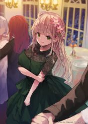 Rule 34 | 3girls, ahoge, arm grab, blurry, blurry background, blush, braid, breasts, brown hair, cleavage, closed mouth, commentary request, copyright request, depth of field, dress, flower, green dress, green eyes, hair flower, hair ornament, holding hands, indoors, jewelry, long hair, looking at viewer, makihitsuji, medium breasts, multiple girls, night, pendant, pink flower, red hair, see-through, short sleeves, silver hair, smile, solo focus, strapless, strapless dress, table, very long hair, wall lamp, window