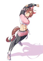 Rule 34 | 1girl, abs, absurdres, ahoge, animal ears, arms up, black leggings, breasts, brown eyes, brown hair, closed mouth, commentary request, dantsu flame (umamusume), ear covers, full body, groin, hair between eyes, hair ornament, highres, horse ears, horse girl, horse tail, large breasts, leggings, leggings under shorts, long sleeves, looking at viewer, medium hair, midriff, navel, pink footwear, pink shorts, senchan 7, shadow, shirt, shoes, short shorts, shorts, sidelocks, simple background, smile, sneakers, solo, standing, stretching, tail, tied shirt, umamusume, white background, yellow eyes