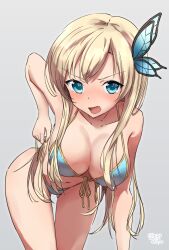 Rule 34 | 1girl, absurdres, bikini, blonde hair, blue bikini, blue eyes, blush, boku wa tomodachi ga sukunai, breasts, butterfly hair ornament, collarbone, commentary request, fang, gluteal fold, grey background, hair ornament, highres, kashiwazaki sena, large breasts, leaning forward, long hair, looking at viewer, navel, open mouth, rokochandayo, simple background, solo, swimsuit, twitter username